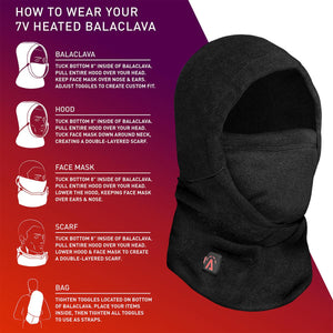 Aheata 7V heated balaclava instructional diagram showing five ways to wear the garment