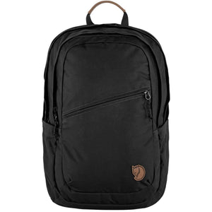 Black FjallRaven backpack with a diagonal front zipper pocket and leather top handle