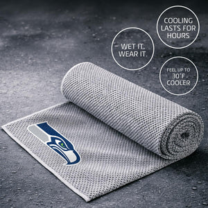 Seattle Seahawks cooling towel with text overlays explaining wet and wear instructions and cooling benefits
