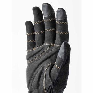 Black work glove with reinforced fingertips and zigzag stitching