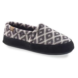 Acorn slipper with black and white diamond pattern and black suede trim