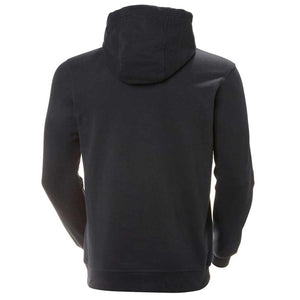 Back view of a black Helly Hansen hooded sweatshirt