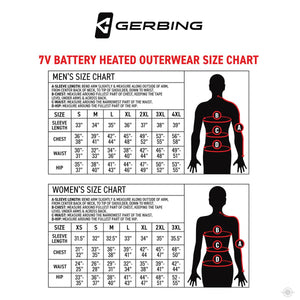 Gerbing 7V battery heated outerwear size chart for men and women with measurement instructions