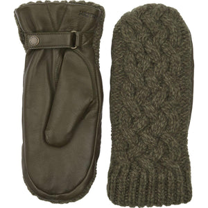 Hestra olive green leather and cable knit wool mittens