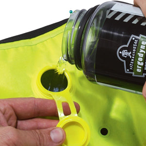Water being poured from an Ergodyne bottle into a Chill-Its cooling vest