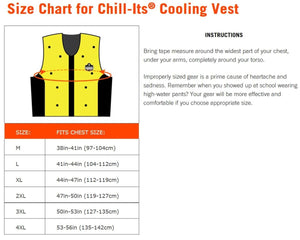 Chill-Its cooling vest size chart with chest measurement instructions and size conversion table