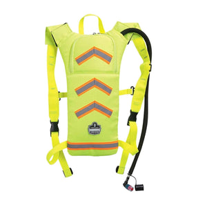 Ergodyne high visibility hydration pack with reflective chevron stripes and drinking tube