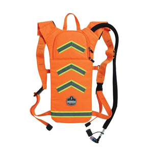 Chill-Its orange high visibility hydration backpack with reflective chevron stripes