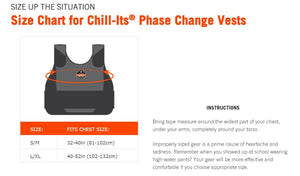 Chill-Its phase change vest size chart showing chest measurements for sizes S/M and L/XL