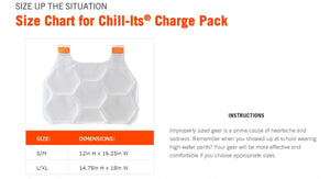 Chill-Its Charge Pack size chart showing dimensions for S/M and L/XL sizes