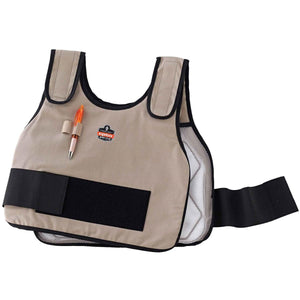 Tan Ergodyne cooling vest with black trim and pen holder