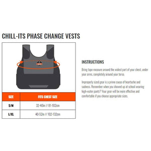 Chill-Its phase change vest sizing chart with instructions for measuring chest circumference