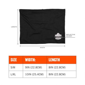 Ergodyne neck gaiter size chart showing width and length measurements for sizes SM and LXL