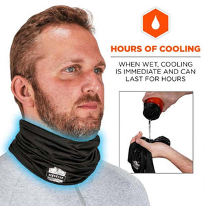 Man wearing a black Chill-Its cooling neck gaiter being activated with water