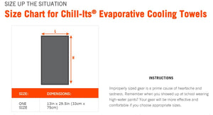 Chill-Its evaporative cooling towel size chart showing dimensions of 13 inches by 29.5 inches