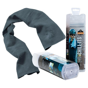 Chill-Its grey cooling towel with plastic storage container