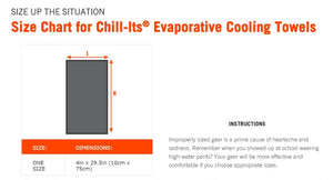 Chill-Its evaporative cooling towel size chart showing dimensions of 4 inches by 29.5 inches