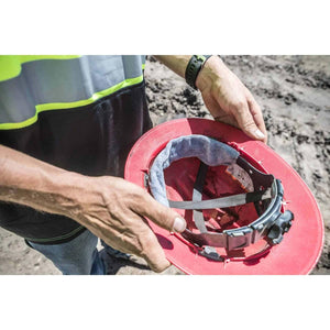 Chill-Its cooling sweatband attached to the inside of a red hard hat
