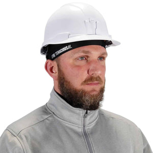Man wearing a white Chill-Its hard hat and a black sweatband