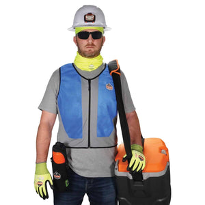 Worker wearing Ergodyne cooling vest, hard hat, and safety gloves carrying a cooler