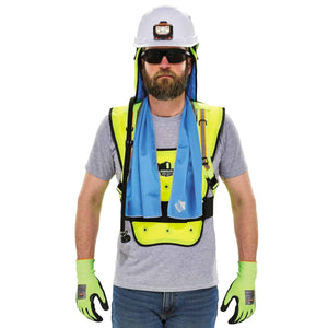 Worker wearing a Chill-Its cooling vest and hard hat with a cooling towel draped around the neck