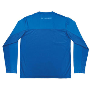 Back view of a blue Chill-Its long sleeve performance shirt with Be Tenacious text on the upper back
