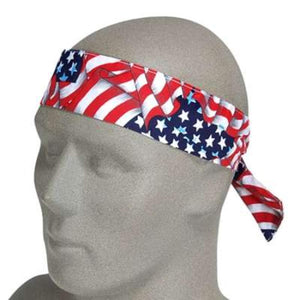 Chill-Its cooling headband with American flag pattern on a mannequin head