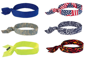 Six Chill-Its cooling bandanas in various colors and patterns including blue, American flag, camo, paisley, and flames