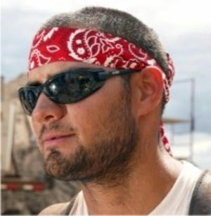 Man wearing a red paisley bandana and black sunglasses