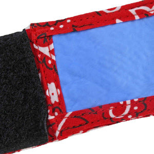 Chill-Its cooling headband with red paisley pattern and blue interior lining