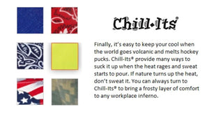 Chill-Its cooling bandana color swatches including solid blue red paisley navy paisley neon yellow flag and camo
