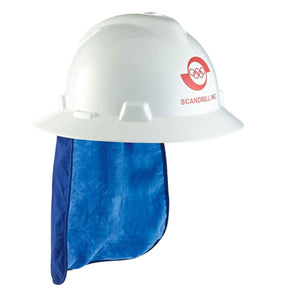 White hard hat with Scandrill Inc logo and blue neck shade