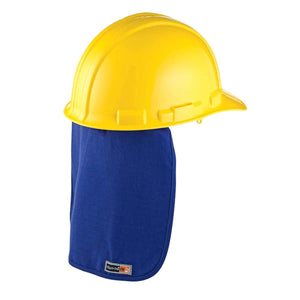 Chill-Its blue hard hat neck shade attached to a yellow hard hat