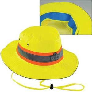 Yellow GloWear bucket hat with reflective orange band and chin strap