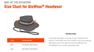 GloWear headwear size chart showing S/M and L/XL dimensions in inches and centimeters