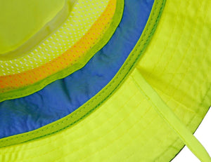 High visibility yellow bucket hat with blue trim and mesh ventilation