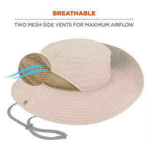 Beige sun hat with mesh side panels and adjustable chin strap