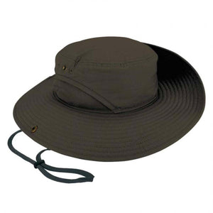 Dark olive green wide brim sun hat with mesh side panels and adjustable chin strap