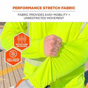 Ergodyne high visibility yellow long sleeve shirt with moisture wicking and anti odor treatment icons