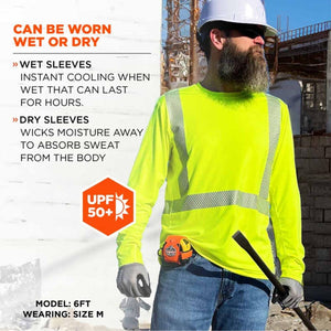 Construction worker wearing high visibility long sleeve shirt with UPF 50 plus rating for wet or dry cooling