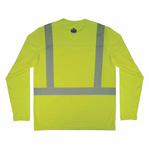 Back view of Ergodyne lime high visibility long sleeve shirt with reflective stripes