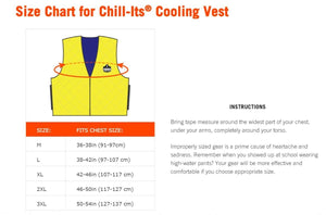 Chill-Its cooling vest size chart showing chest measurements for sizes medium through 3XL