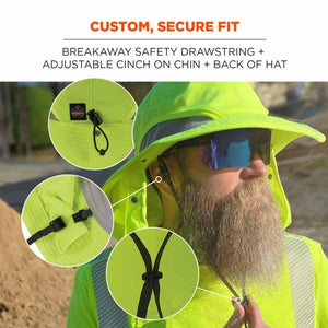 Ergodyne hi-vis hat showing adjustable chin strap and back cinch features