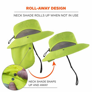 Chill-Its lime green sun hat with roll away neck shade and snap fasteners