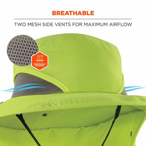 Lime green sun hat with grey mesh side vents for airflow