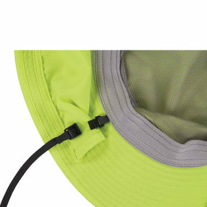 Chill-Its lime green sun hat with grey mesh lining and black chin strap buckle