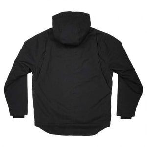 Back view of a black hooded jacket with long sleeves