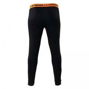 Black leggings with orange waistband featuring Be Tenacious text