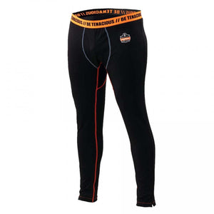 Ergodyne black thermal leggings with orange waistband and red stitching