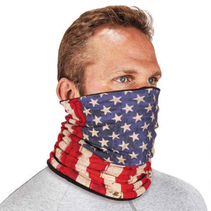 Man wearing a neck gaiter with an American flag print